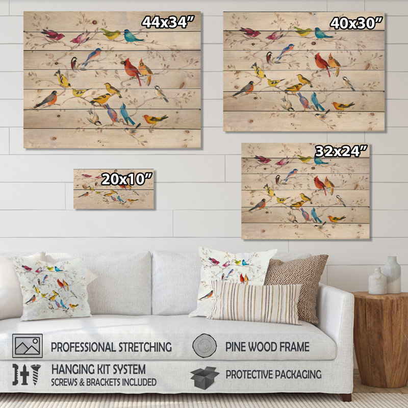 Oiseau multicolore sur arbre - impression de campagne moderne sur bois de pin naturel, H 30 po x l 40 po x P 1,5 po