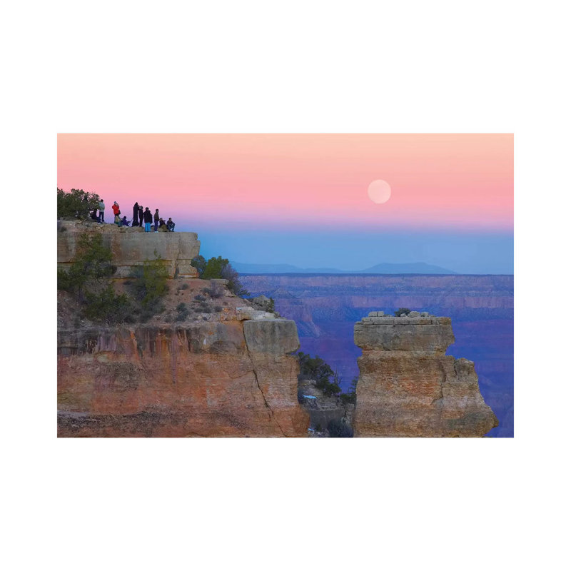 Tourists Enjoying Sunset and Rising Full Moon at Yaki Point, Grand Canyon National Park, Arizona 1 Piece Wrapped Canvas Wall Art
