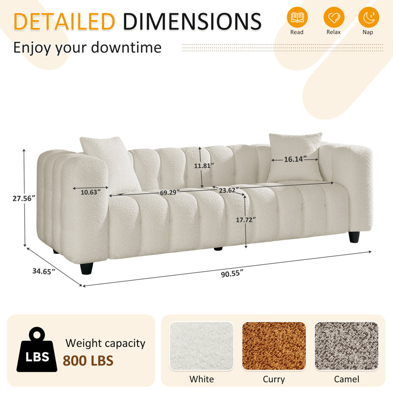 90.55'' Upholstered Sofa For Living Room, White