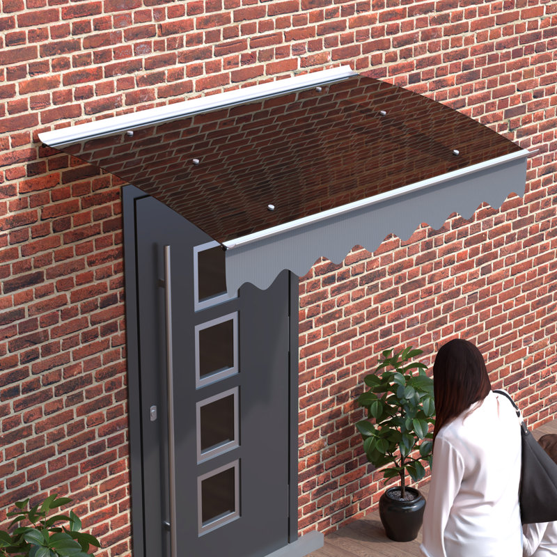 Auvent 47 po x 34 po. Polycarbonate solide et aluminium. Rouille. Chauffer. Extérieur. Auvent brun foncé de 47 po de largeur avec pare-brise à résistance