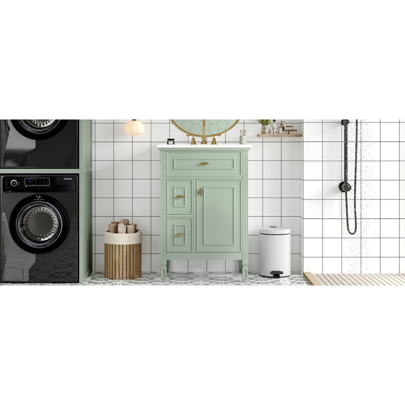 Meuble-lavabo de 24 pouces avec lavabo, armoire en bois massif et panneau de fibres à densité moyenne avec un tiroir rabattable, deux tiroirs standard et une tablette réglable