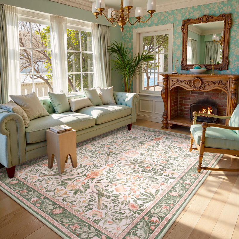  Vintage Bird Washable Area Rugs for Living Room Floral Soft Rug Low Pile Print Carpet, Rectangle 5' x 7'