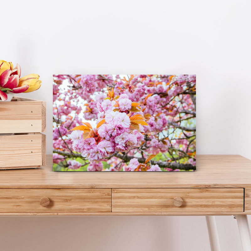 Kwanzan Cherry Tree Blossoms With Orange Leaves Abstract Contemporary Cherry Flower Landscape Wall Art, 12" H x 18" W