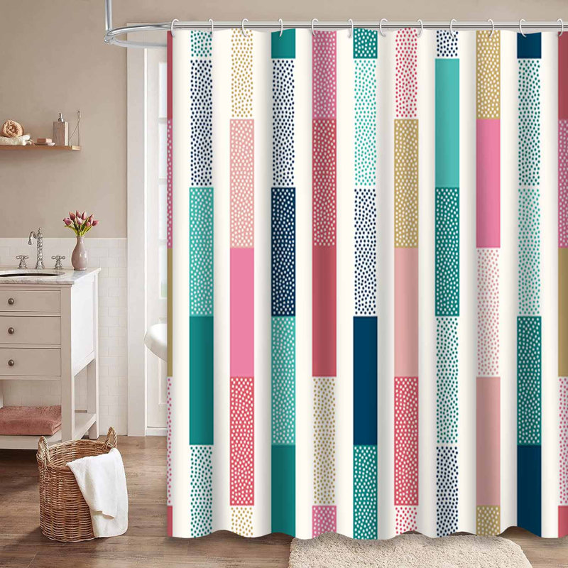Rideau de douche sans couture à pois et rayures avec 12 crochets, L 72 po x l 84 po