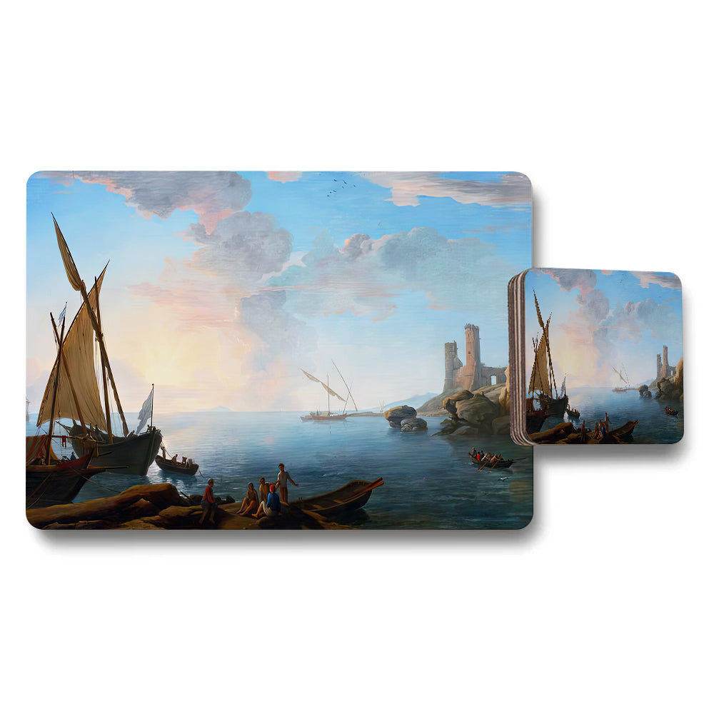 Seascape Placemats And Coaster Set With Harbor Boats Artwork