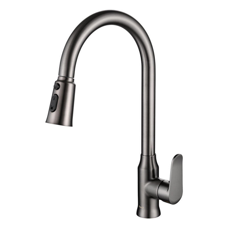 Robinet de cuisine escamotable 0ontZ Gunmetal avec 2 modes de pulvérisation (pluie et ruisseau), robinet d'évier de cuisine en laiton massif à poignée unique à grande arche, robinet mélangeur d'eau chaude et froide pour évier de cuisine encastré Farmhouse