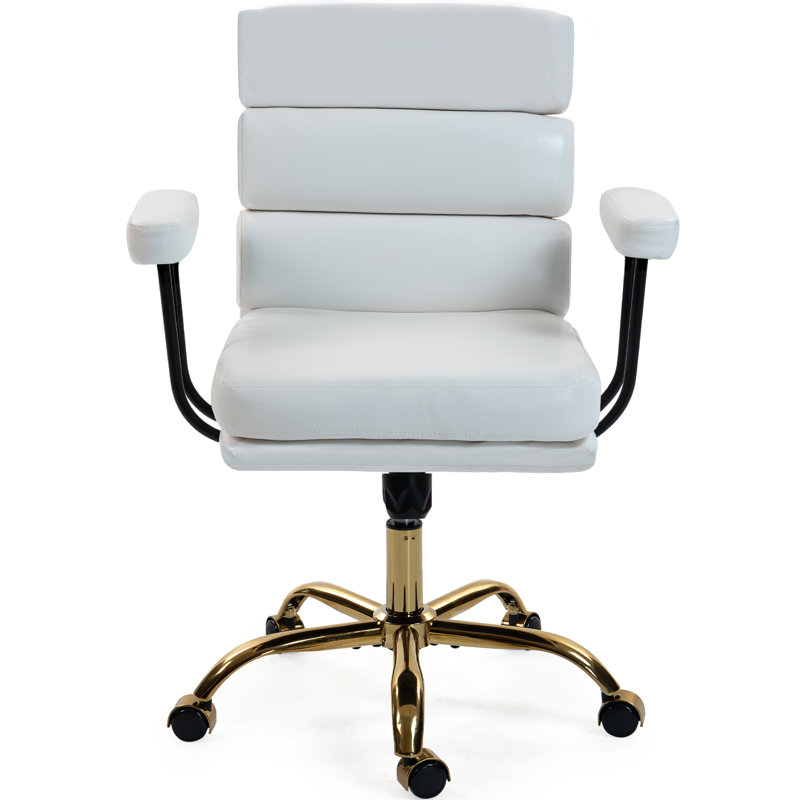 Faux Leather Home Office Desk Chair, Gold Base Vanity Chair with Wheels, Padded Seat and Armrests, Adjustable Height Swivel Executive Computer Chair, White