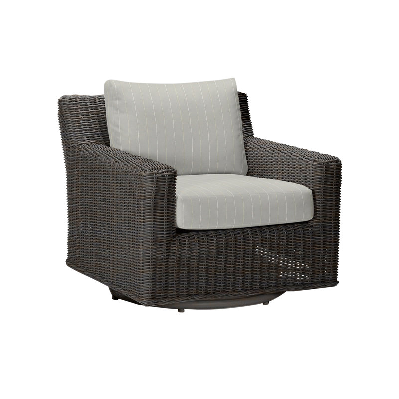 Rustic Swivel Patio Chair with Cushions, Rollo Silver InsideOut® Linen, Black Walnut, Welt