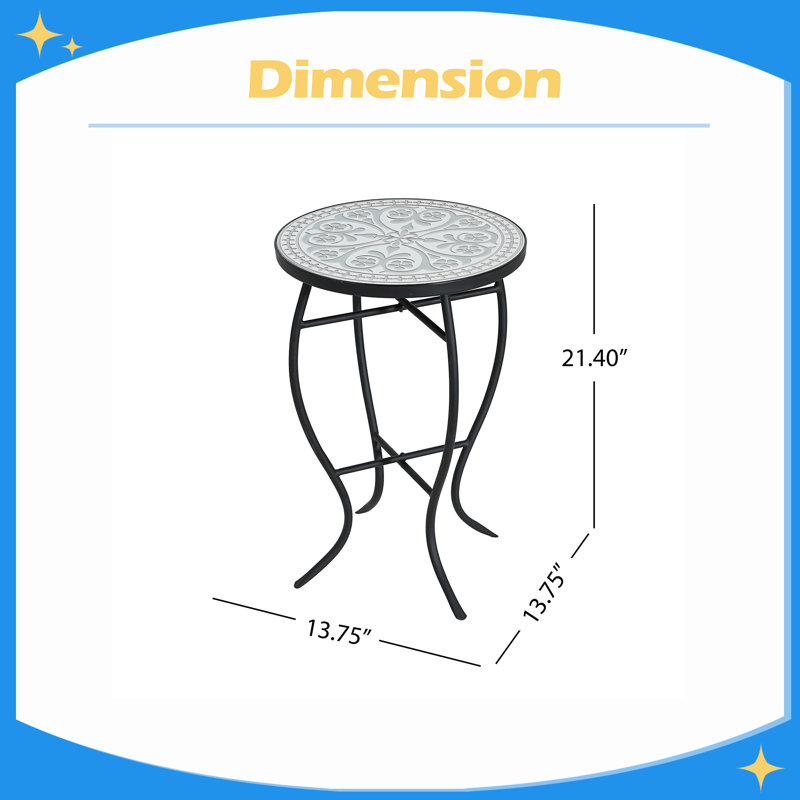 Table d'appoint d'extérieur ronde avec plateau de style mosaïque et pieds incurvés en fer, Gris / noir