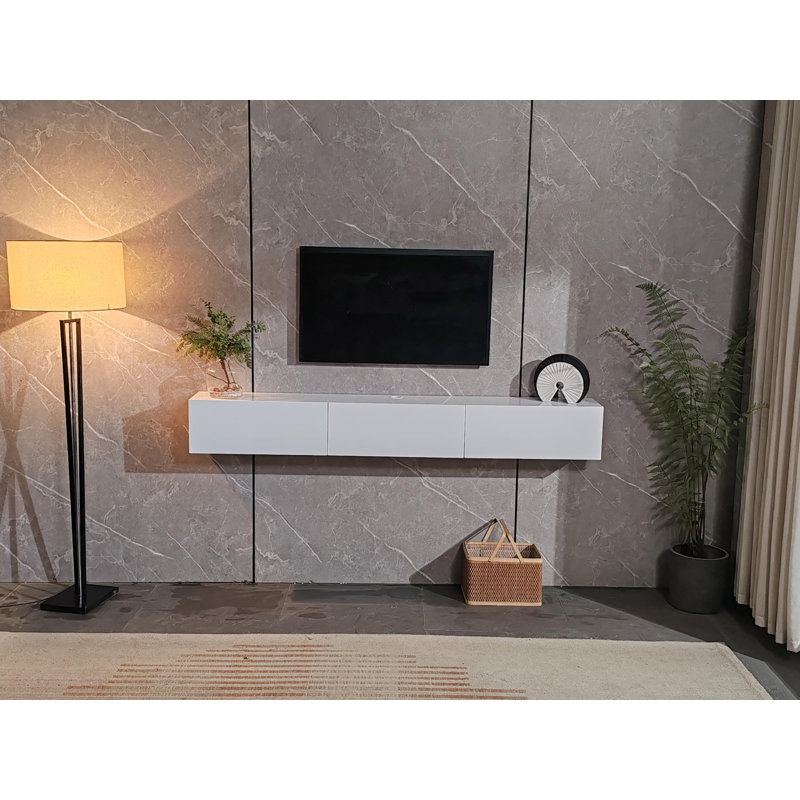 Meuble télé 47 po flottant ultrabrillant avec rangement à 3 portes, blanc, H 9,4 po x L 47 po x l 9,4 po