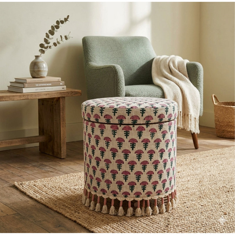 Pouf de rangement bohème à franges, repose-pieds rembourré avec rangement dissimulé, 40 x 40 x 45 cm