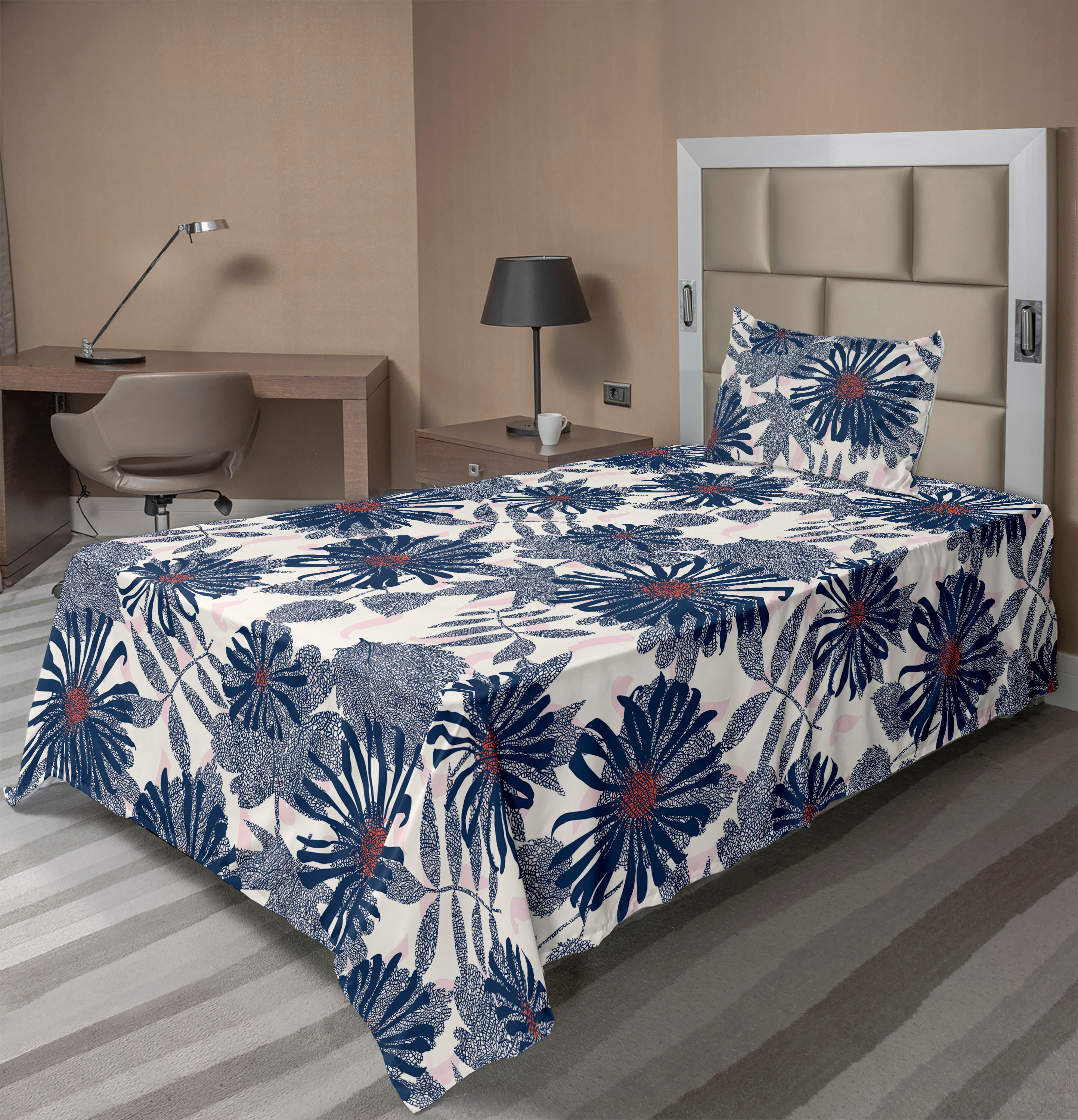 Ambesonne Daisy Pattern Sheet Set Jumble Leaf Pattern Dark Indigo Dark ...