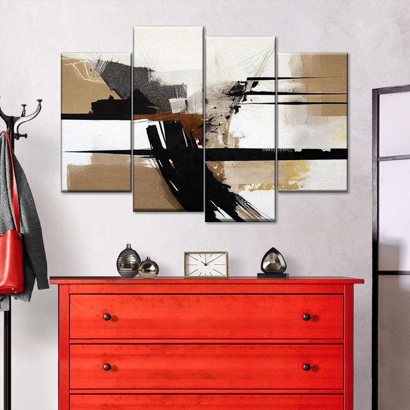 «Strokes And Lines Beige Chaotic Streaks I», reproduction sur toile 4 pièces par Daniel P, H 42 po x l 68 po x P 1,25 po