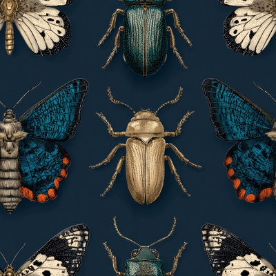 Papier peint entomologie rétro fond bleu marine avec papillons et coléoptères