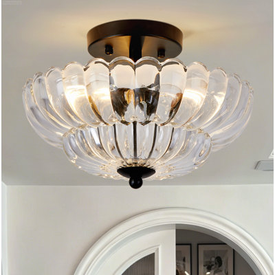 Vintage Inspired Modern Semi Flush Mount Ceiling Light with 3-Light Elegant Floral Glass Shade Matte Black and Natural