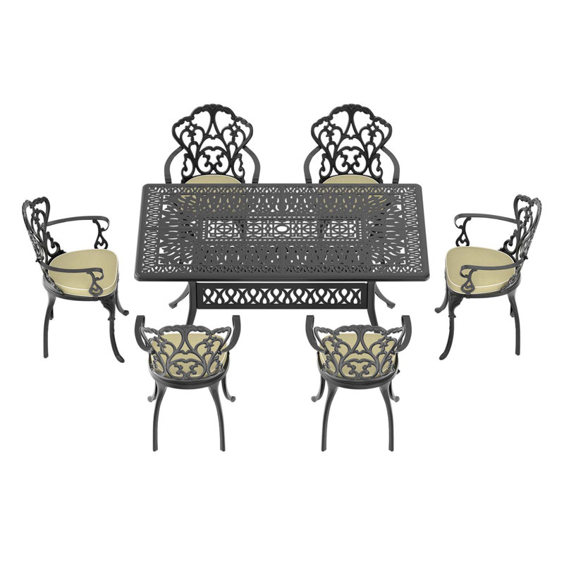 Ensemble de 7 pièces de mobilier de patio en aluminium coulé avec coussins, ensemble de salle à manger simple et tendance