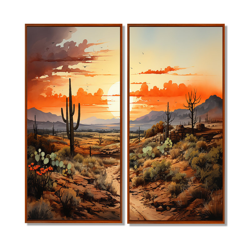Silhouette de cactus orange - lever de soleil sur toile orange, H 20 po x l 24 po, Brun, Impression encadrée flottante