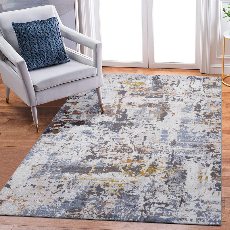 5X7 Ivory Blue Abstract Area Rug, Rectangle 5'3" x 7'6"