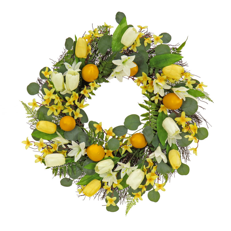 22" D Artificial Polyester Wreath with Lemons and Tulips