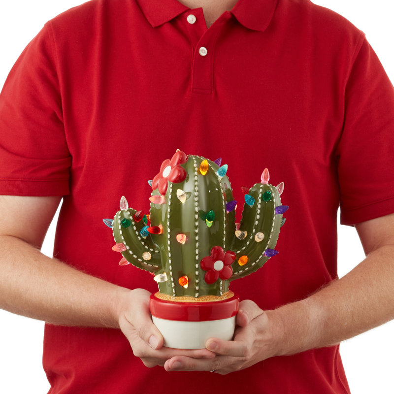 Cactus de Noël en céramique peint à la main avec lumières et pré-éclairé