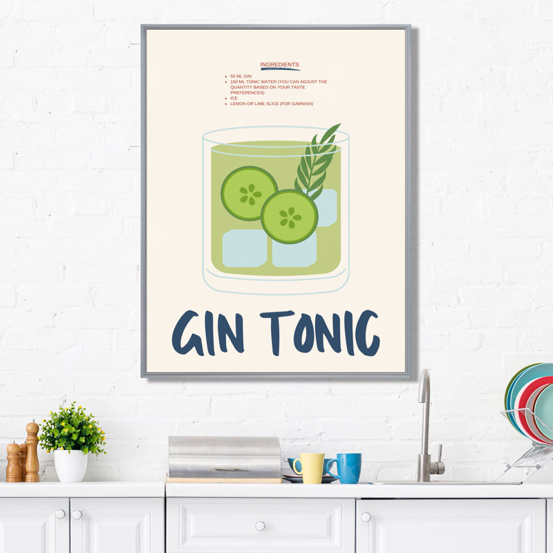 Gin & Tonic In A Rocks Glass II - Art mural cocktails, Cadre flottant argent, H 20 po x l 12 po