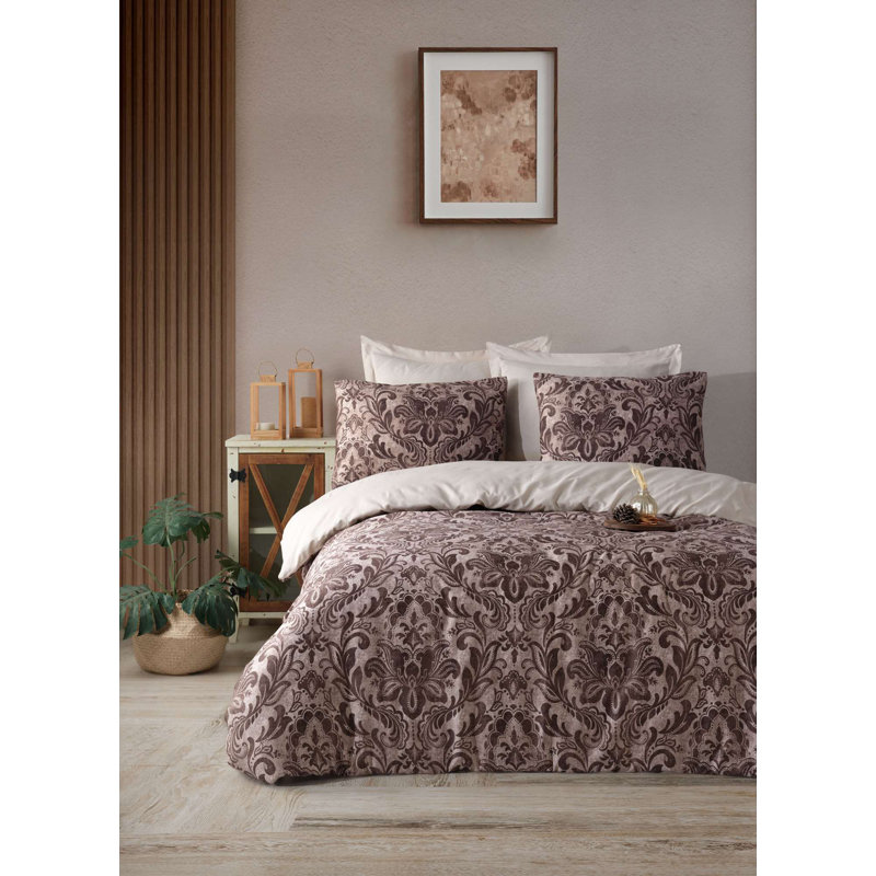 Quilt Cover Set, Brown Damask, King Duvet Cover + 2 Standard Pillowcases