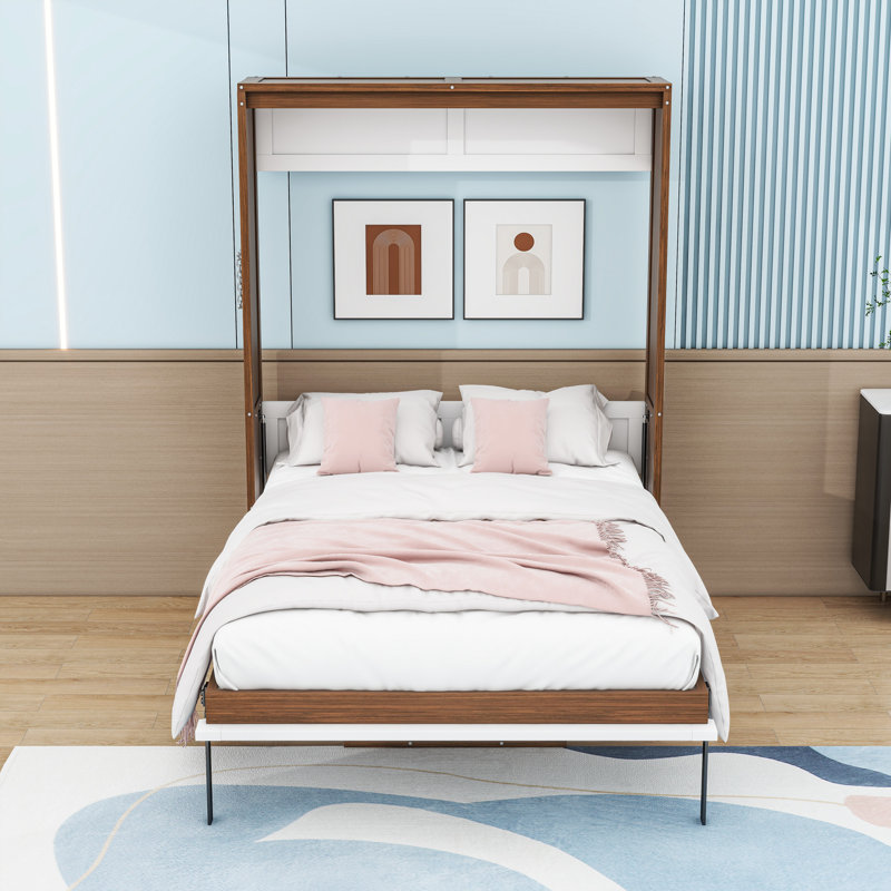 Full Wood Murphy Bed with Foldable Desk, Walnut/White