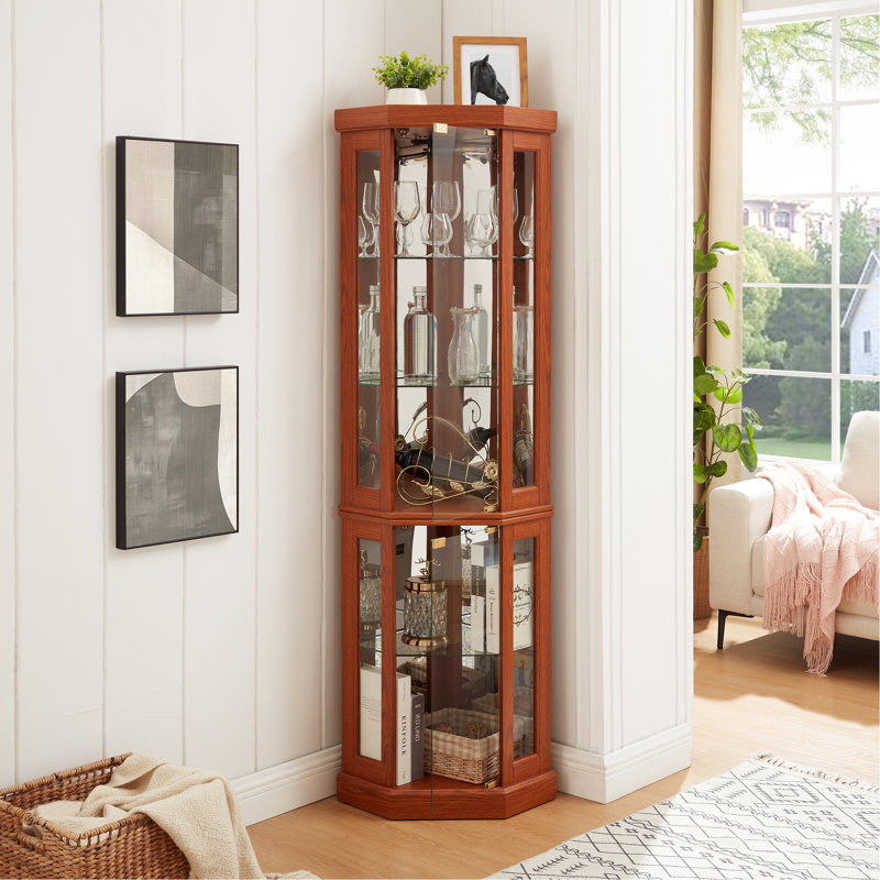 Lighted Corner Curio Cabinet - Display Case For Living Room, Antique Collectibles, Wine & Bar Glass Storage - Elegant Corner Design With Lights Included-Dark OAK