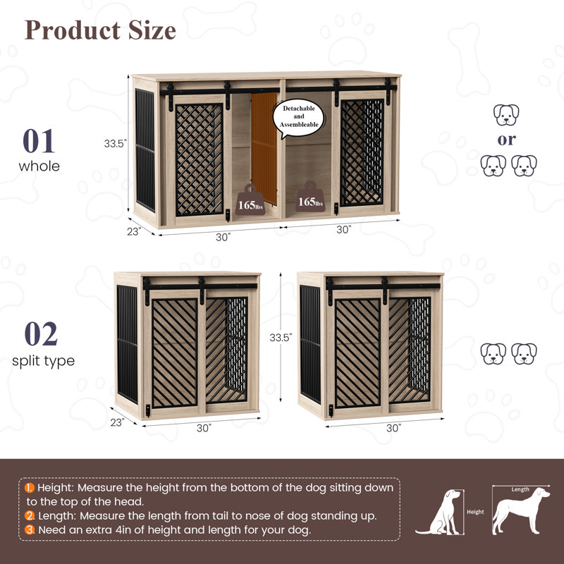 61'' W Dividable Dog Crate Furniture, Oak Ash