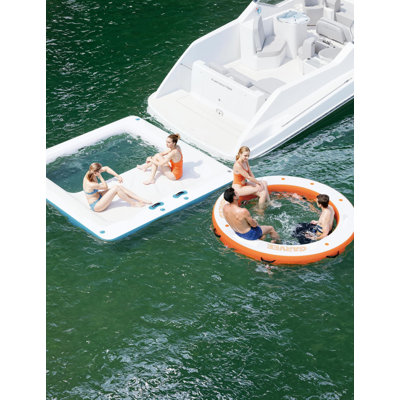 10x10 ft Square Inflatable Floating Platform with Mesh Swim Zone, Non-Slip Pad & Ladder for Lake, Pool, Ocean