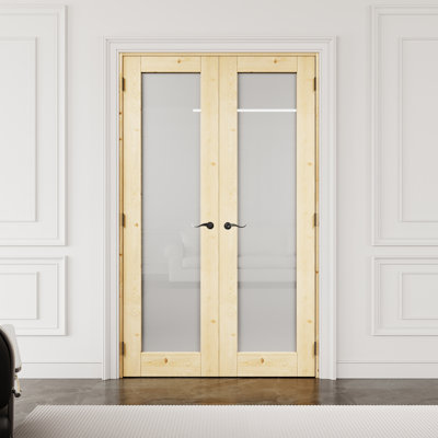 Porte française intérieure en bois de pin et verre givré 1-48 de 48 po x 80 po avec quincaillerie noire et loquet et levier de porte, bois de pin naturel, plaque de porte en verre trempé avec intimité, peint et imperméable, combinaison pour la lessive, portes de placard, portes de pièce, Assemblage requis