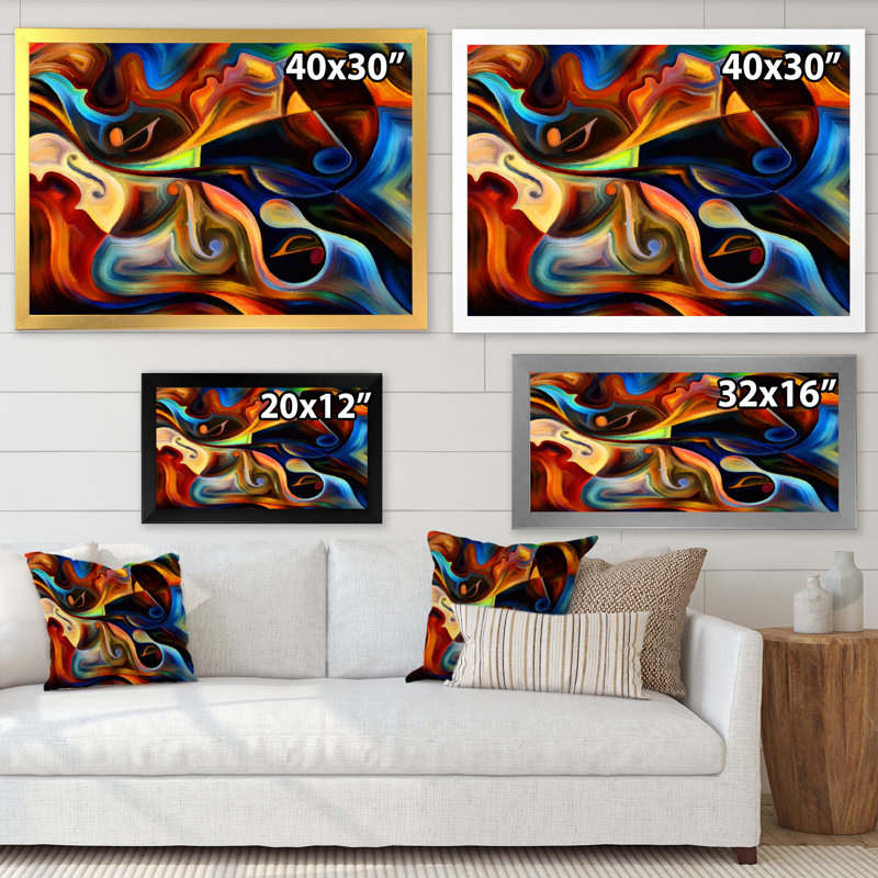 «Blue Orange and Yellow Dynamics on Black», reproduction sur toile, Cadre photo argenté, H 34 po x l 44 po