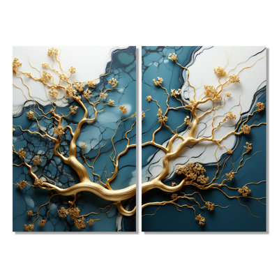 Or et émeraude antique Bonsai I - art floral en marbre arbre mural