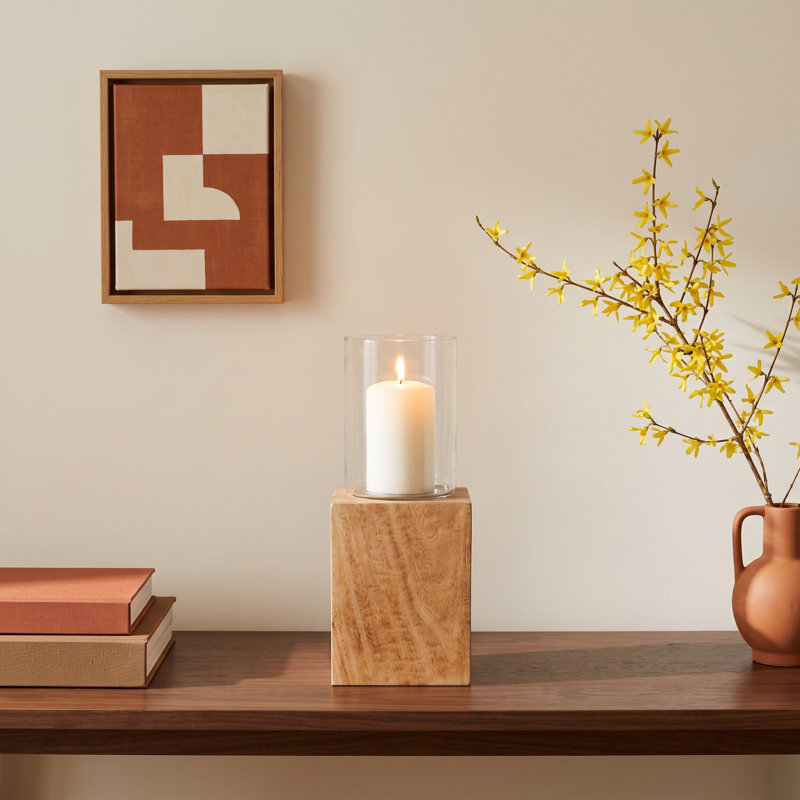 Natural Wood Solid Color Square Base Pillar Hurricane Candleholders, 15" H x 6" W x 6" D