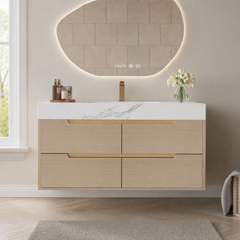 Meuble-lavabo moderne de 90 cm (35,4 po) avec lavabo encastré, comptoir en pierre frittée, bois massif multicouche imperméable, 4 tiroirs de rangement, à poser ou à fixer au mur