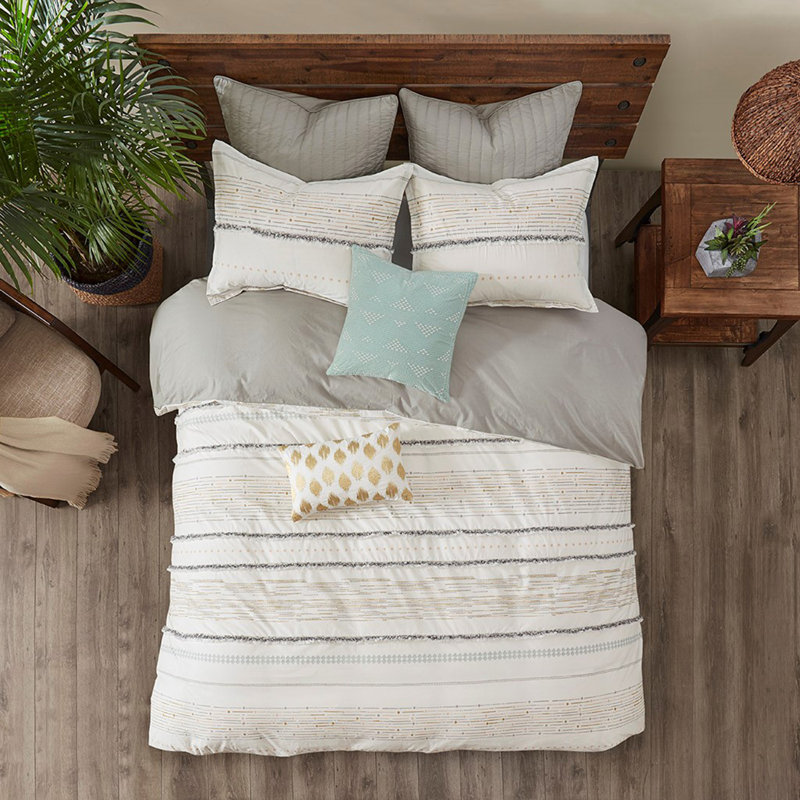 Cotton Printed Comforter Set With Trims Off White/Gray, Full/Double Comforter