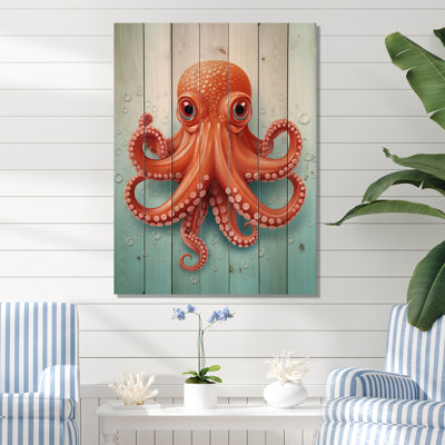 Orange And Blue Octopus Tentacle Elegance - Octopus/Squid Animal On Wood Print