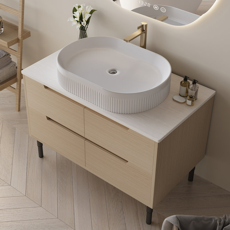 Meuble-lavabo de 36 pouces, autoportant ou mural avec lavabo intégré en céramique et tiroirs à fermeture en douceur