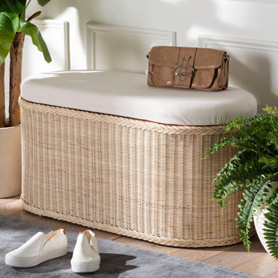 Bali & Pari Barid Braided Natural Rattan Storage Bench With Cushioned Lift-Top Lid – Coastal Boho Style Chest