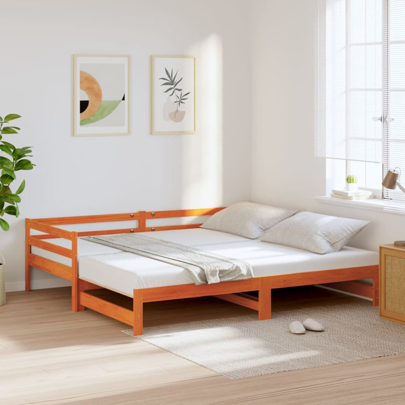 Marlow Home Co. Daybed With Trundle White Solid Wood Pine, 90cm x 200cm, Brown