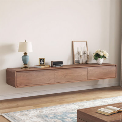 210cm Floating TV Unit, Modern Wall Mounted TV Cabinet with Sliding Doors and Storage Shelves, Fluted Walnut Effect Media Console with Rounded Corners, Large Entertainment Unit for TVs up to 90 Inches, Living Room Furniture