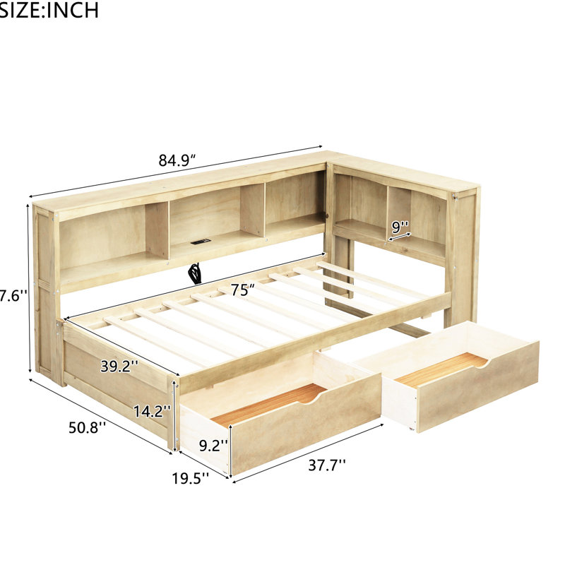 Lit de jour simple en bois avec tiroirs de rangement, ports et choix pratiques - deux armoires de raccordement intégrées