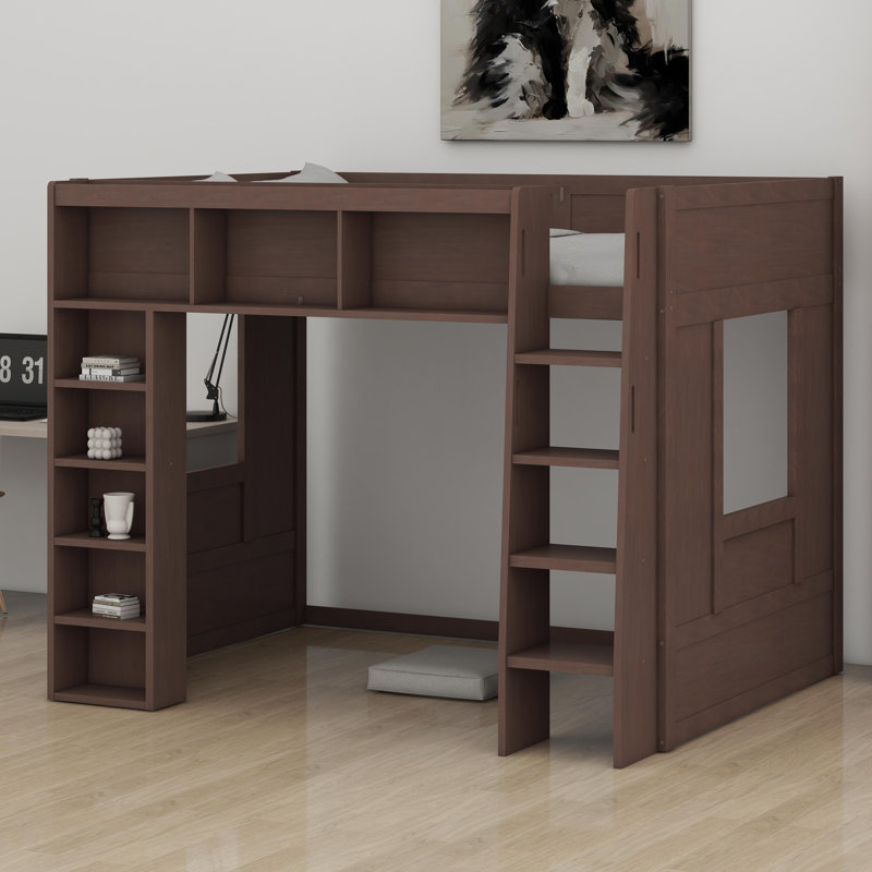 Wooden Loft Bed With Storage Cabinets And Shelves, Brown