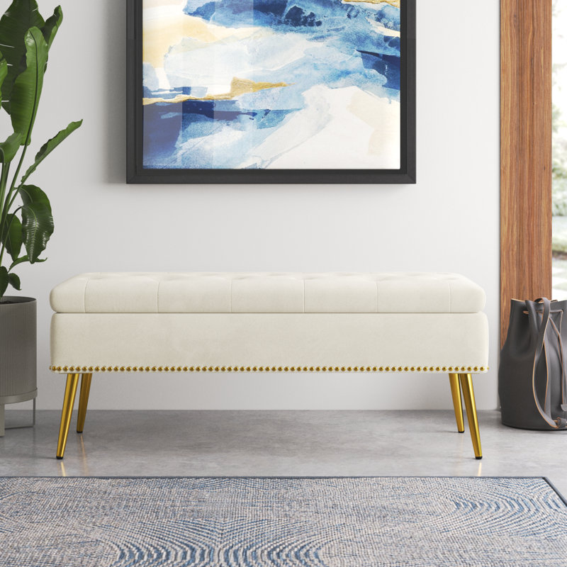 Banc de rangement rembourré en velours Kajana, Velours ivoire