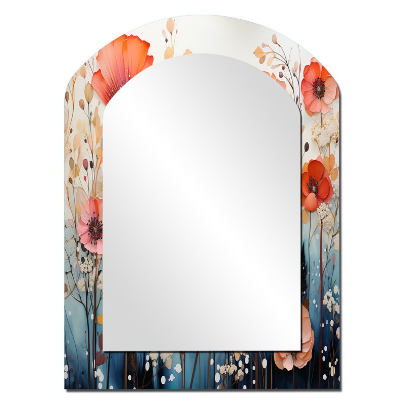 Coral Whimsical Botanical Wilds I - miroir décoratif arqué Botanicals, miroir mural asymétrique corail, impression d'art en métal