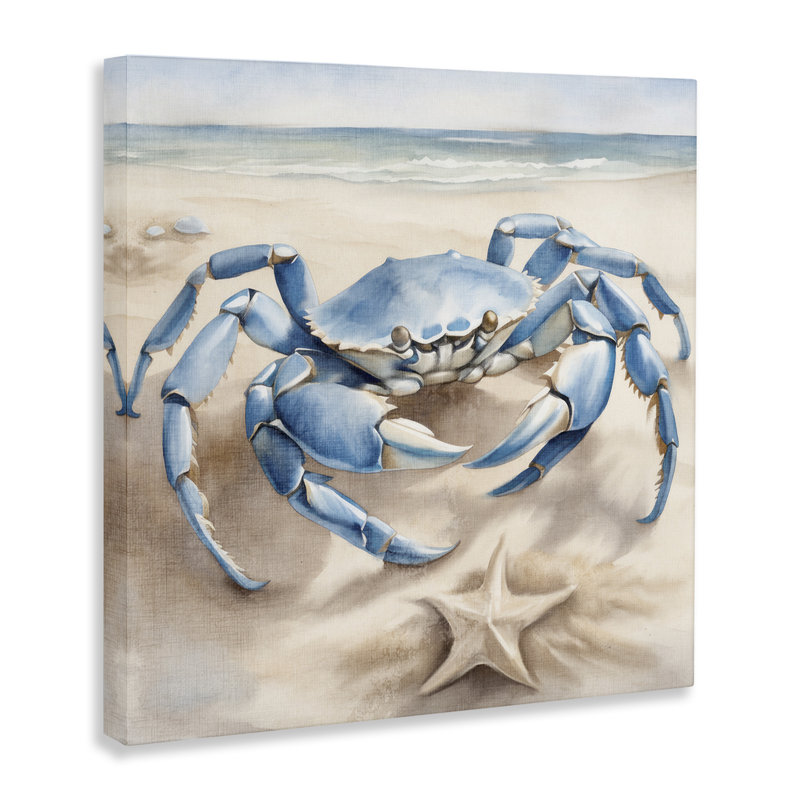 «Crab & Starfish on Beach», art mural sur toile par Kim Allen, H 17 po x l 17 po