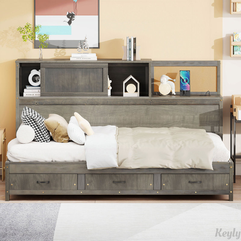 Lit de jour en bois avec 3 tiroirs de rangement et un ensemble de prises et ports USB, Simple, gris