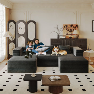 Canapé modulaire modulaire, conception désossée avec siège profond, mousse à mémoire de forme à haute densité, sans assemblage requis, gris (3 sièges + 2 repose-pieds)