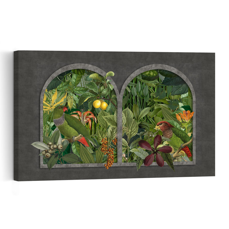 Perroquets de la jungle - Illustration abstraite d'oiseaux et de fruits de la forêt, H 16 po x l 24 po