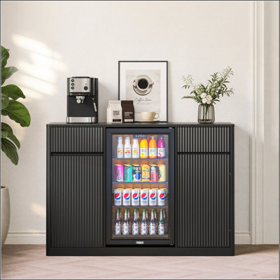 53'' Fluted Bar Cabinet with Fridge Space, Modern Coffee Station, Charging Hub, and Wine Glass Rack, Walnut Buffet Sideboard for Beverage Storage